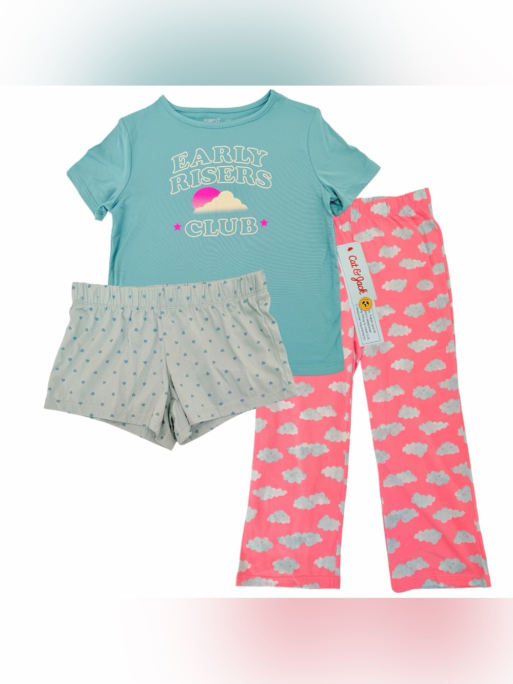 Cat & Jack 3PC Girls Pajama Set Early Risers Club NWT Size 6/7